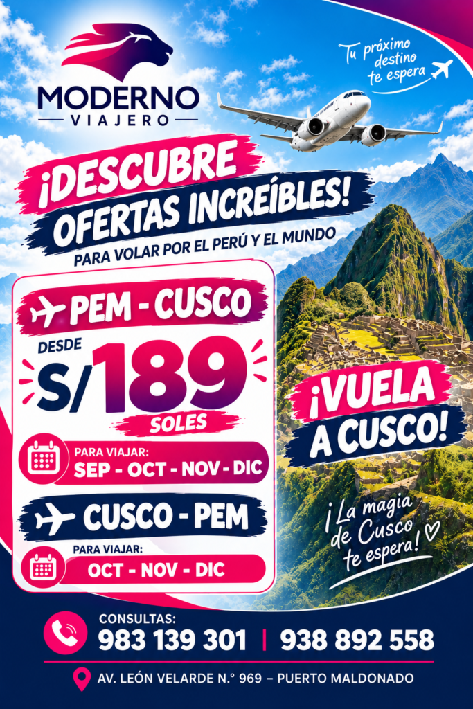 ¡Ofertas para volar entre Puerto Maldonado y Cusco! ✈️ Puerto Maldonado → Cusco: solo ida desde S/189. Viaja en septiembre, octubre, noviembre o diciembre. ✈️ Cusco → Puerto Maldonado: solo ida desde S/189. Viaja en octubre, noviembre o diciembre. Solo algunas fechas disponibles, hasta agotar stock. Tarifas sujetas a disponibilidad y posibles cambios al momento de reservar. Consultas: 983 139 301 | 938 892 558