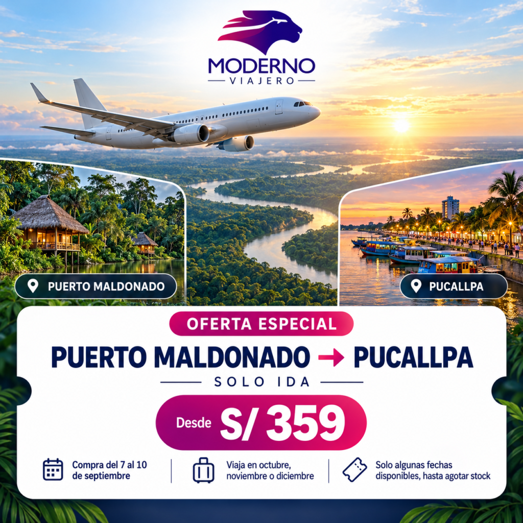 ¡Viaja de Puerto Maldonado a Pucallpa! Aprovecha nuestra tarifa promocional de solo ida desde S/359. • Compra del 7 al 10 de septiembre. • Viaja en octubre, noviembre o diciembre. • Solo algunas fechas disponibles, hasta agotar stock. Para cotizar, indícanos los nombres completos de los pasajeros y la fecha de viaje. 📲 983 139 301 | 938 892 558 📍 Av. León Velarde N.° 969, Puerto Maldonado Tarifa sujeta a disponibilidad y posibles cambios al momento de reservar.